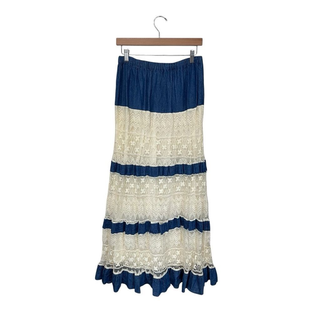 new directions Blue and Cream Lace Tiered Maxi Skirt